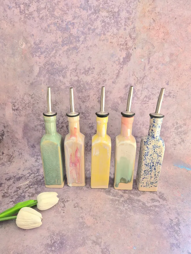 gift, Jenny Hopps Pottery, oil bottle, vinegar bottle, kitchen gift, multicoloured