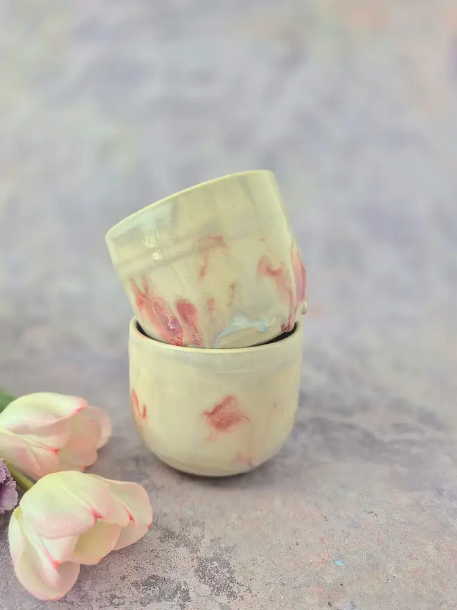 Ceramic Tumblers, cups, coffee cups, tea cup, Jenny Hopps Pottery, White and pink