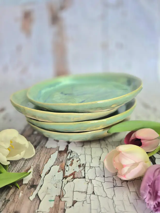 Aqua plates, ceramic plate, green,  blue, pottery plates, Jenny Hopps Pottery