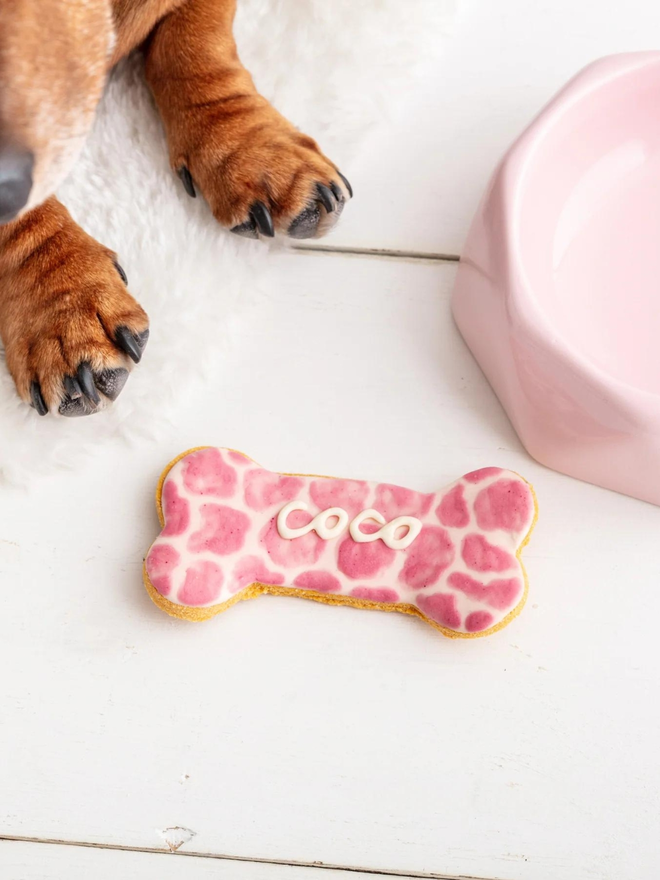 pink personalised iced dog bone biscuit