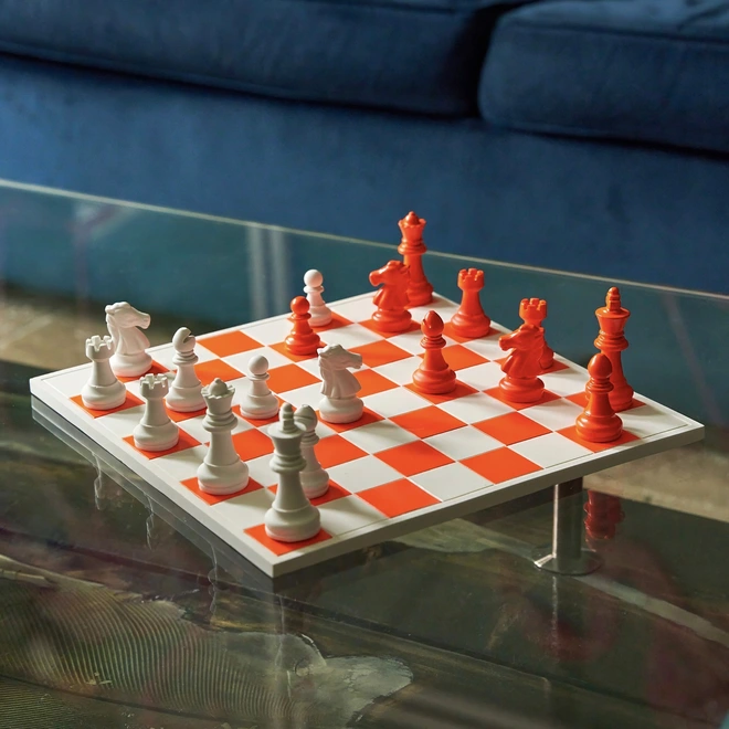 Orange chess board in a sitting room