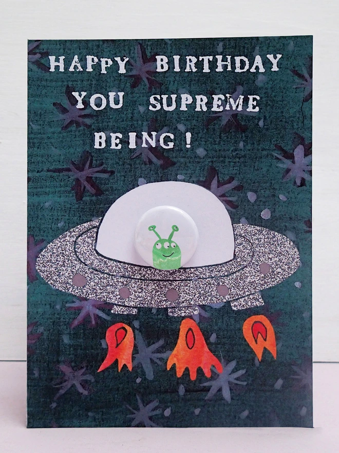 Alien in spaceship birthday card