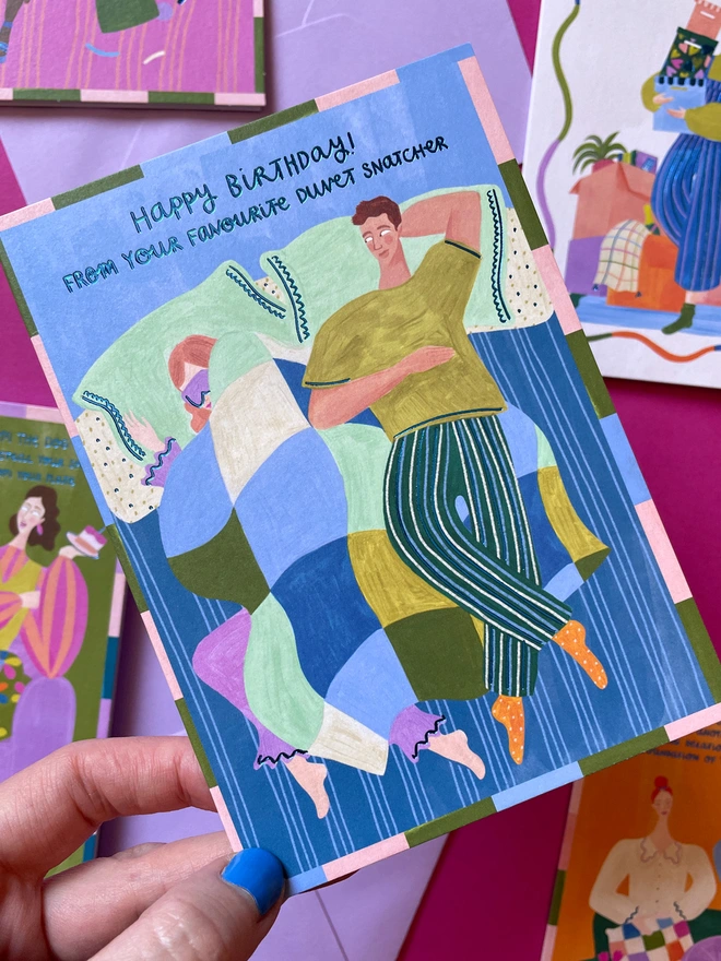 Colourful And Funny Birthday Card For Partner Duvet Snatcher Detail | Raspberry Blossom