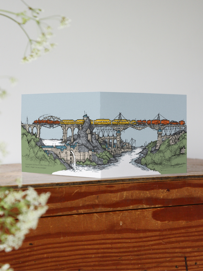 viaduct steam train illustrated greetings card