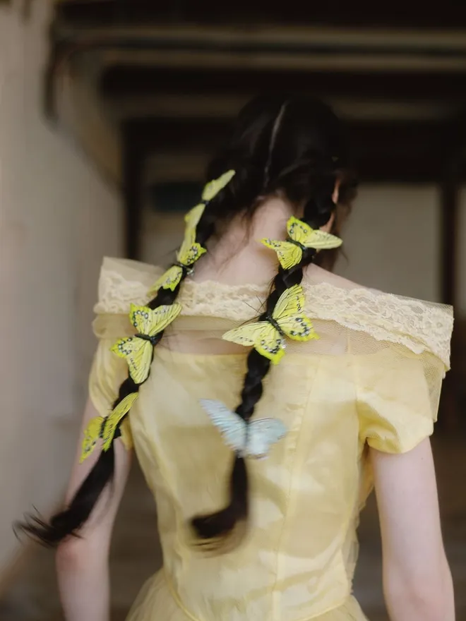 Butterfly clip decorations on dark plaited hair.