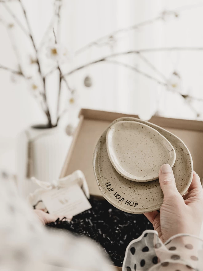 hands holding ceramic egg shaped plate with the words 'hop hop hop' around the edge