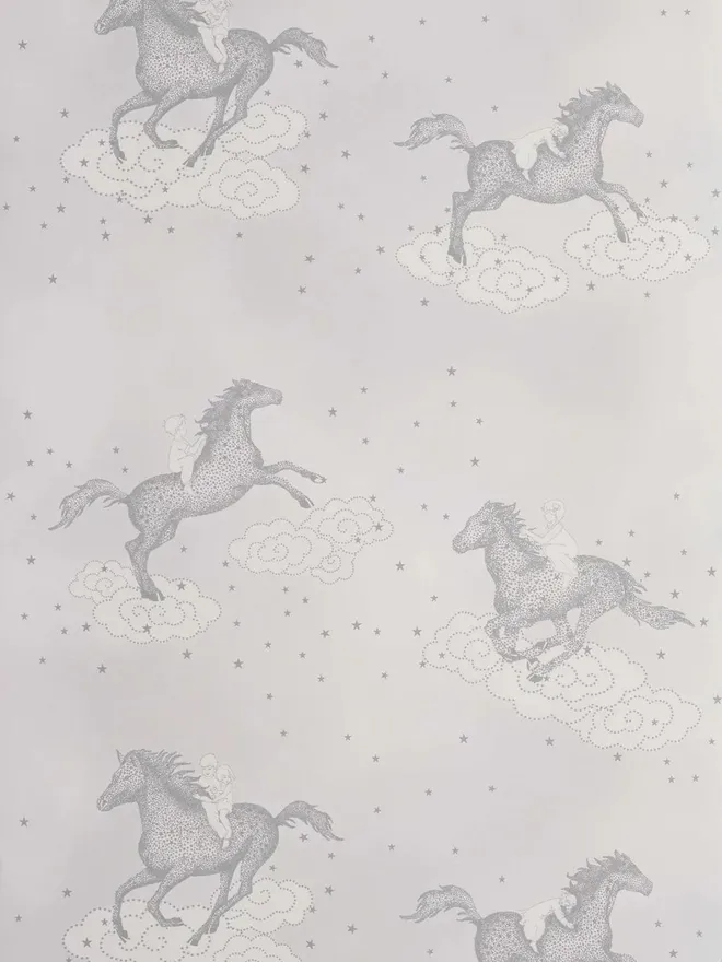 Popcorn Soft Grey Galloping Stardust Horses Wallpaper