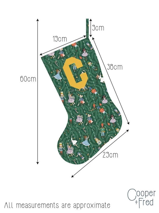 Cooper and Fred personalised quilted Christmas stocking with measurements