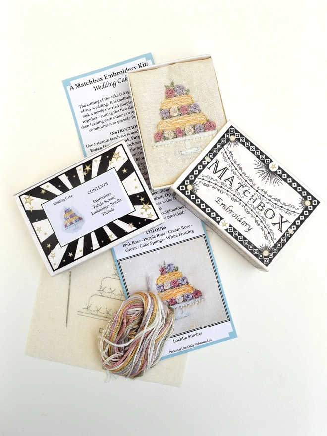 Embroidery Kit contents showing: Instruction sheet, pre-printed design on fabric, embroidery yarns & a needle.  Also the front and back view of the matchbox and for reference, a finished sample of the embroidery.