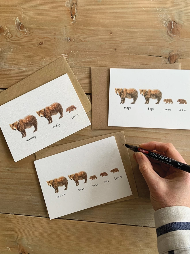Personalised Bear Family Cards for Families with One, Two or Three Children.