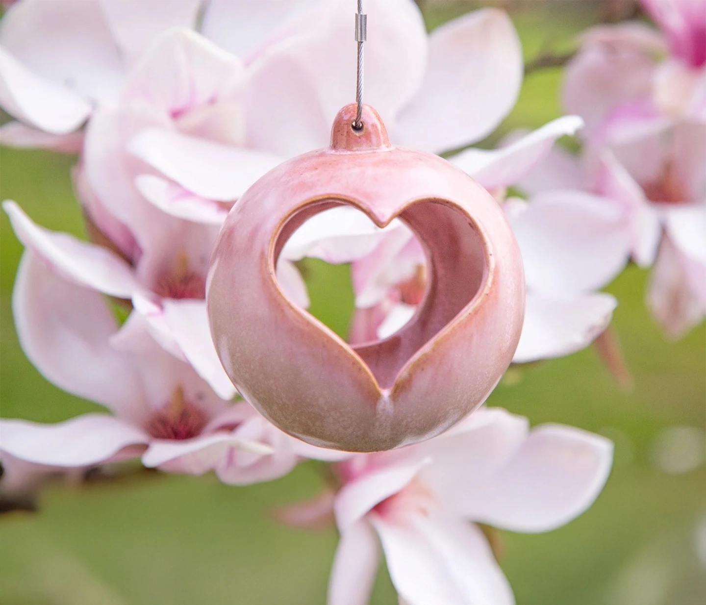 Pink ceramic bird feeder with a heart shaped hole. A pink heart ceramic bird feeder in a blossom tree