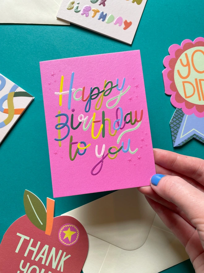 Colourful Pink Mini Birthday Card Rainbow Lettering | Raspberry Blossom