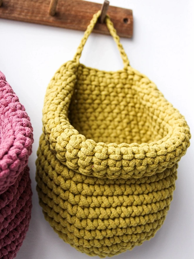 golden kiwi hand crocheted hanging baskets
