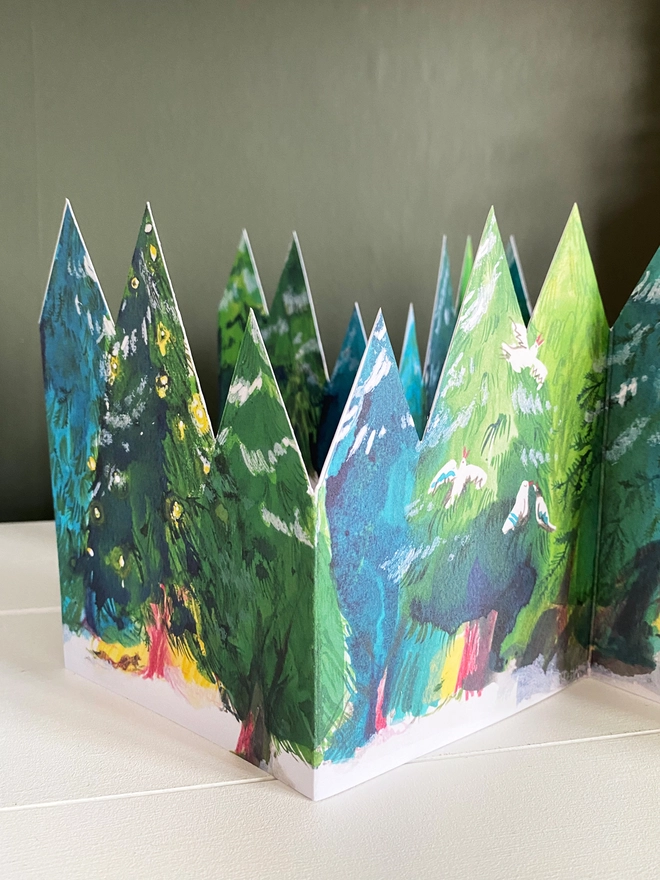 Enchanted Forest concertina greetings card with green trees by Esther Kent