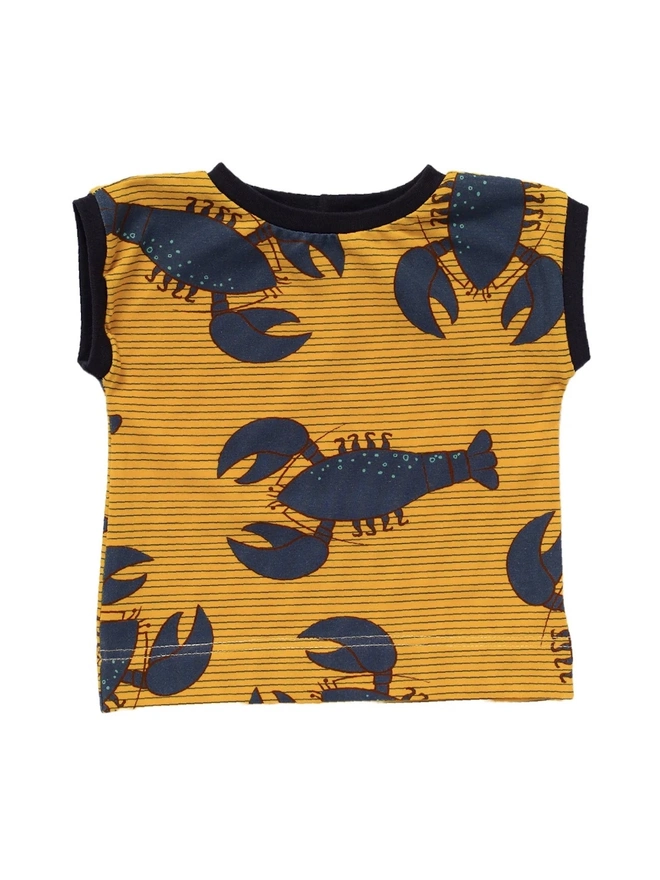 Organic Cotton Jersey Blue Lobsters on Gold Tee Shirt