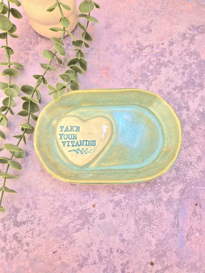 Take your vitamins, ceramic trinket dish, jewellery dish, Jenny Hopps Pottery, Green, Turquoise, Gift