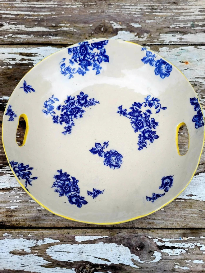 Floral White Ceramic Dish With Cut Out Handles