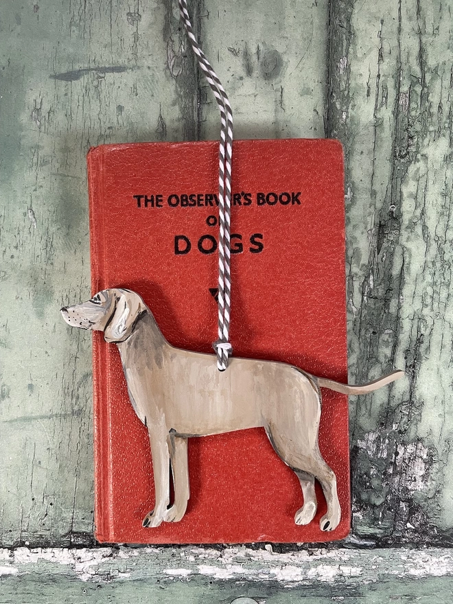Weimaraner Hand-painted Memorial Keepsake placed on a book about dogs