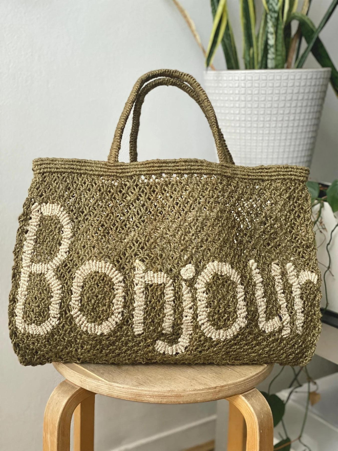 Olive Bonjour Jute Tote Bag