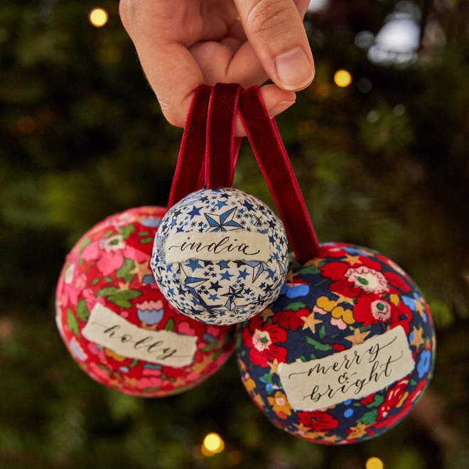 Liberty fabric personalised Christmas baubles