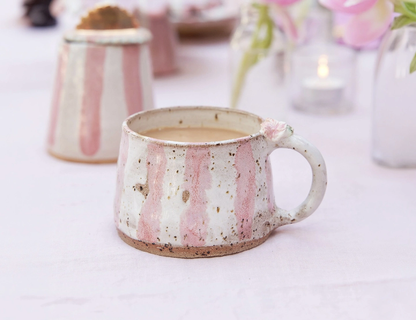 Pink and white candy stripe rustic ceramic mug