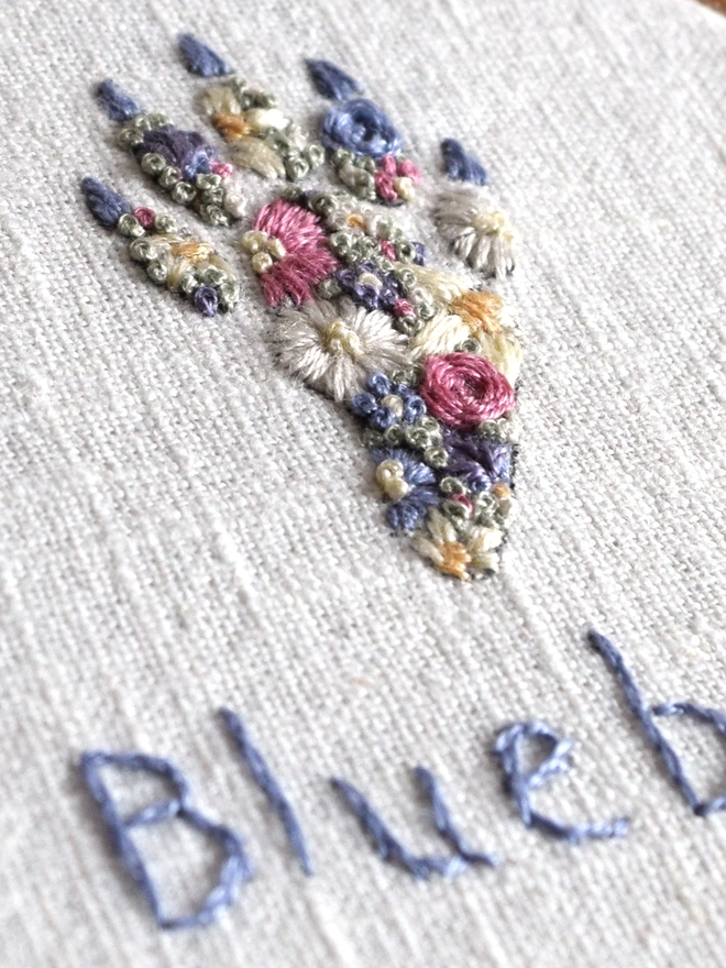 An embroidered Floral Meadow Rabbit Foot, of Lavender Blues and Buttermilk yellow blossoms.