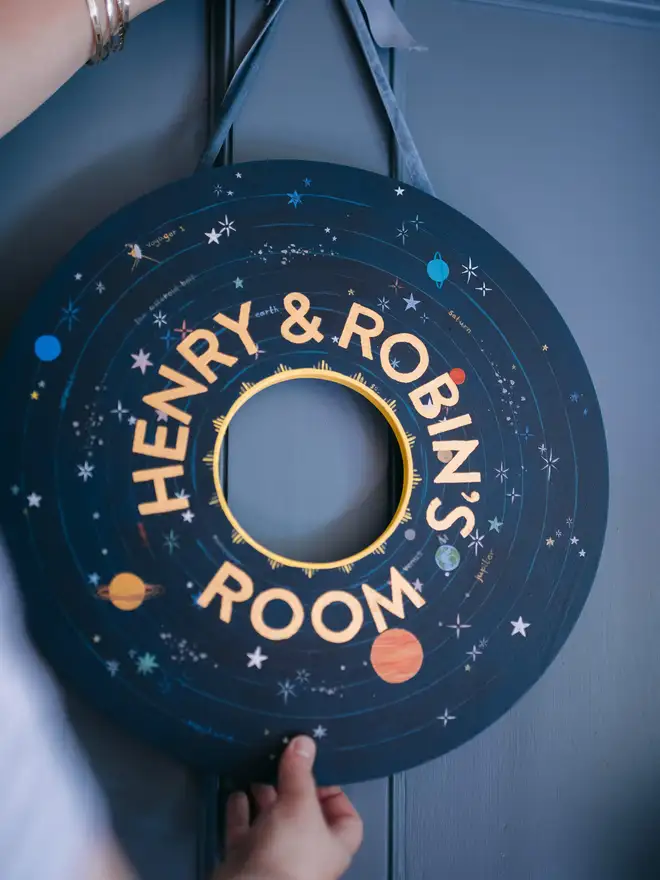 Solar system name plate door hanging in dark blue