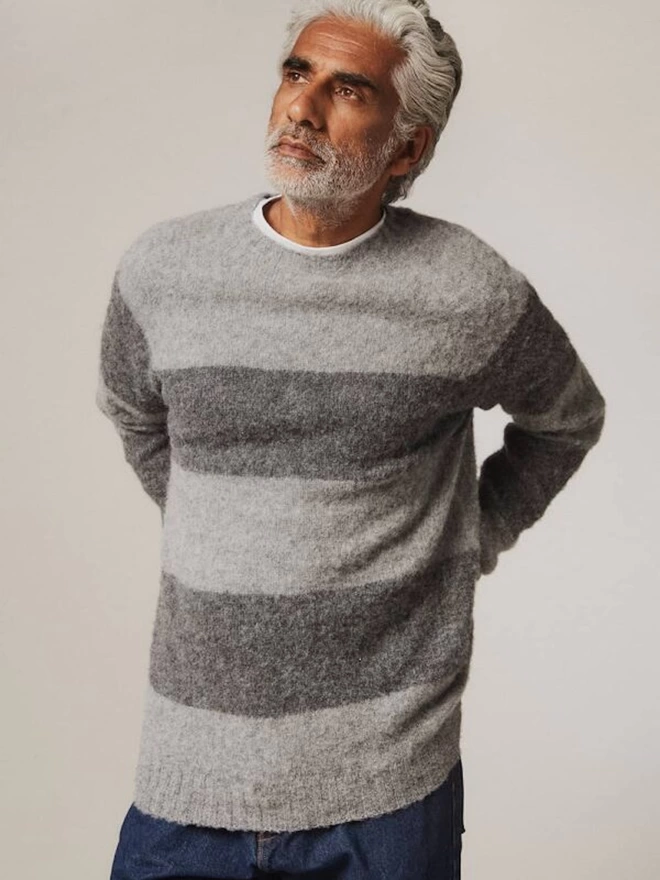 Alford Brushed Wool Stripe Sweater Grey Melange