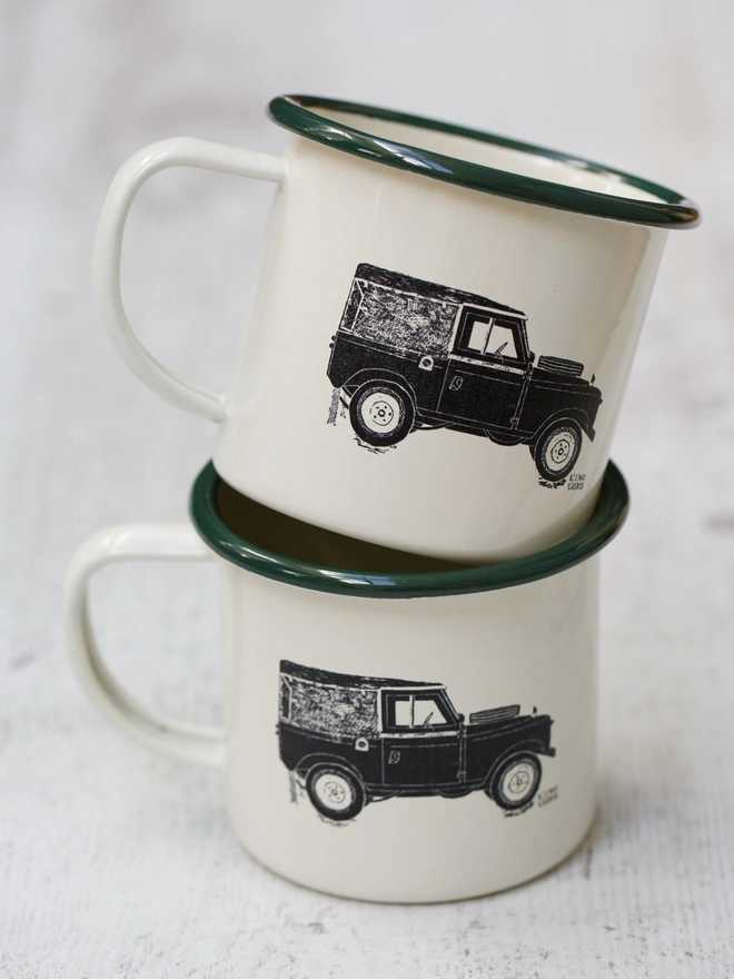 Etched green land rover mug