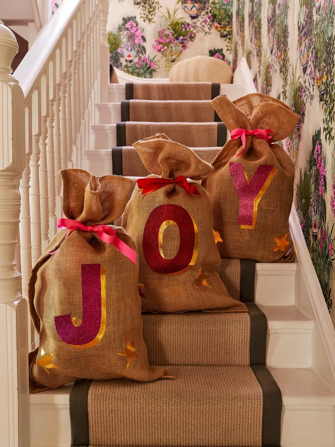 Joy Christmas glitter sacks