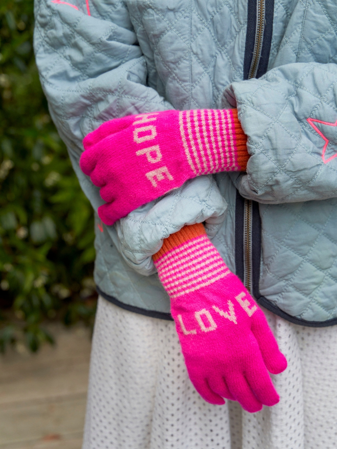 Love Hope Gloves In Bright Fuchsia Pink And Pale 