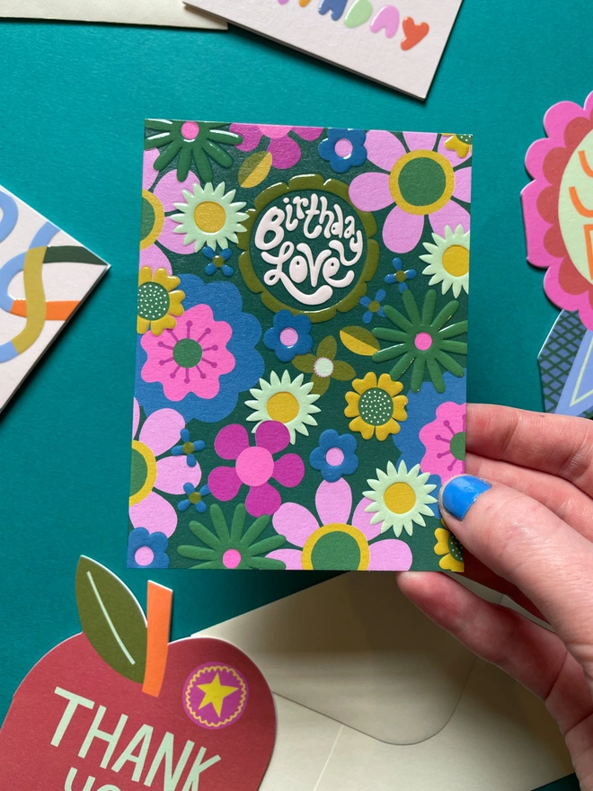 Mini Happy Birthday Card Colourful Retro Floral Pattern Detail | Raspberry Blossom