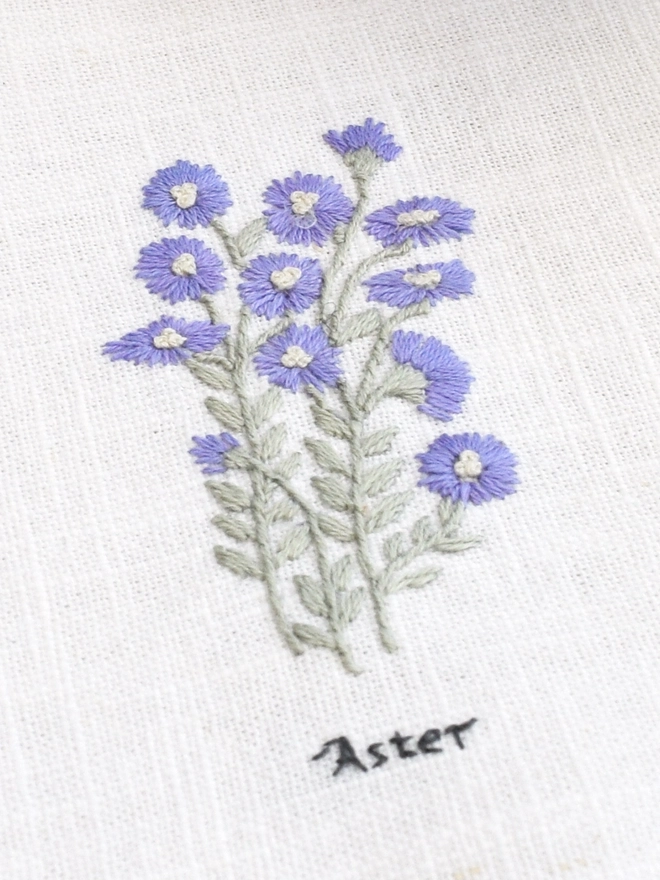 Floral Botanical embroidery kit of Aster a symbol for September.  Meaning a Talisman of Love, Elegance, Faith, Like a star & Wisdom.
