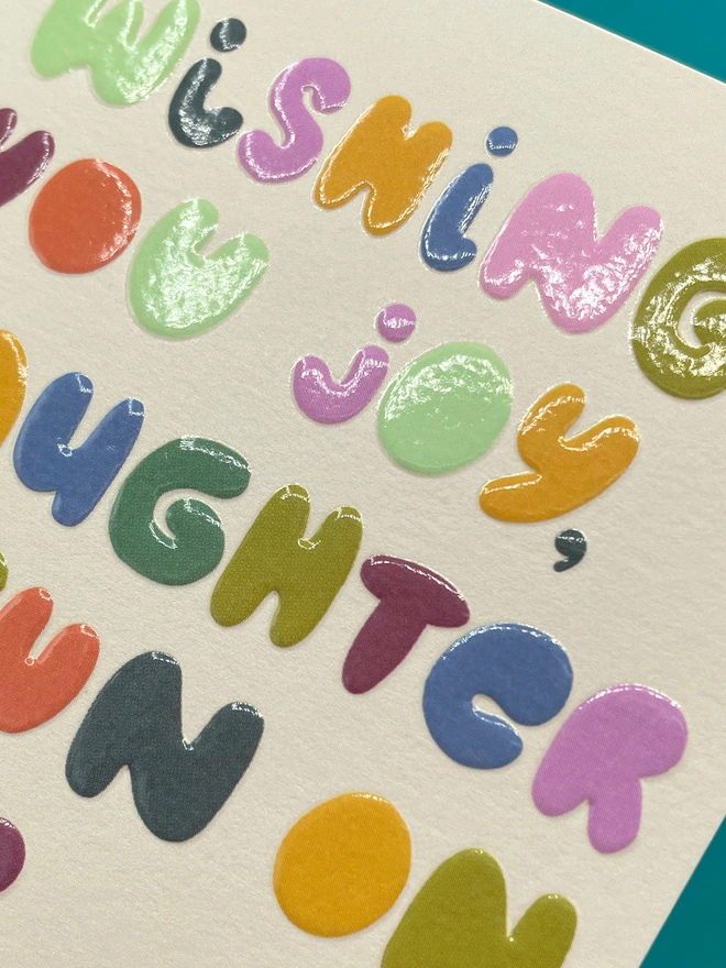 Mini Birthday Card ‘Wishing you joy, laughter & fun on your birthday’ Colourful lettering Detail | Raspberry Blossom