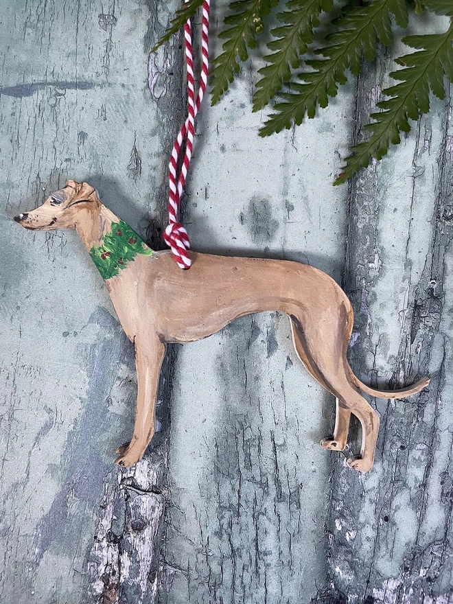 Whippet Christmas decoration with festive collar