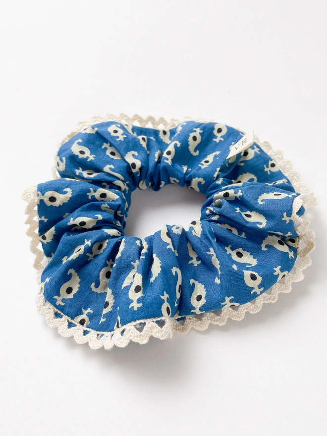 blue block printed hair scrunchie