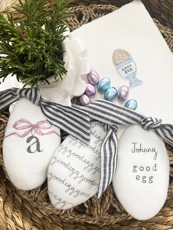 Embroidered Easter Egg Pouch times 3 with rosemary and good egg picture