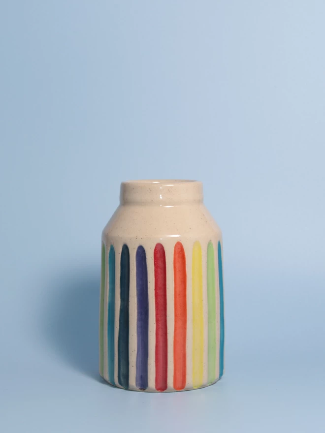 rainbow striped pottery bud vase side view