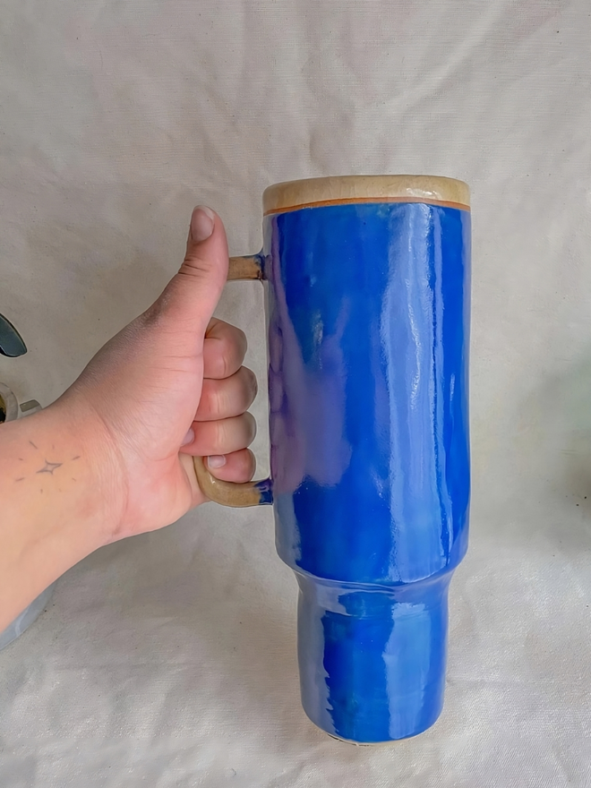 extra large blue ceramic coffee cup