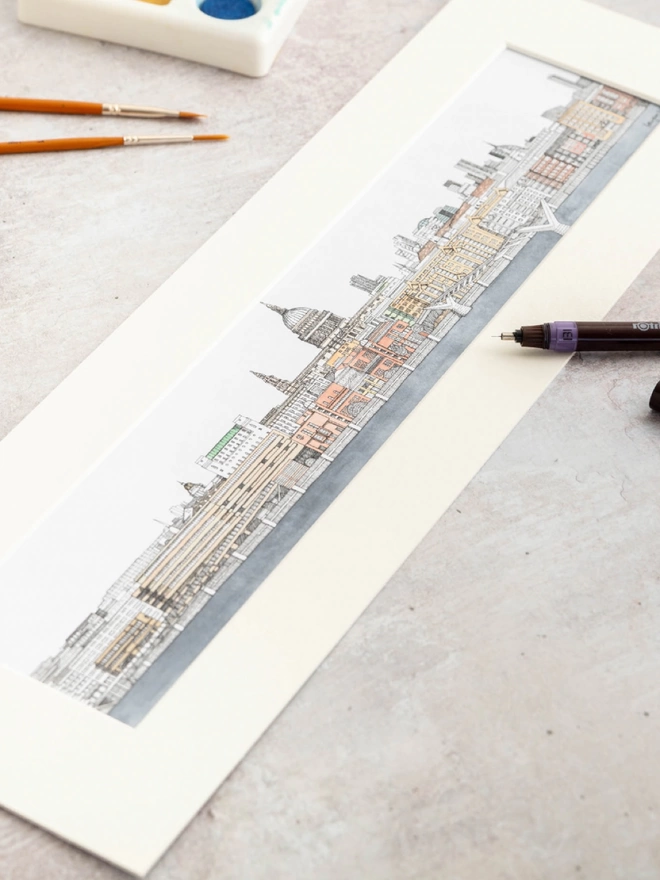 Print of detailed pen and watercolour drawing of St Paul’s Cathedral and buildings shown from the Southbank