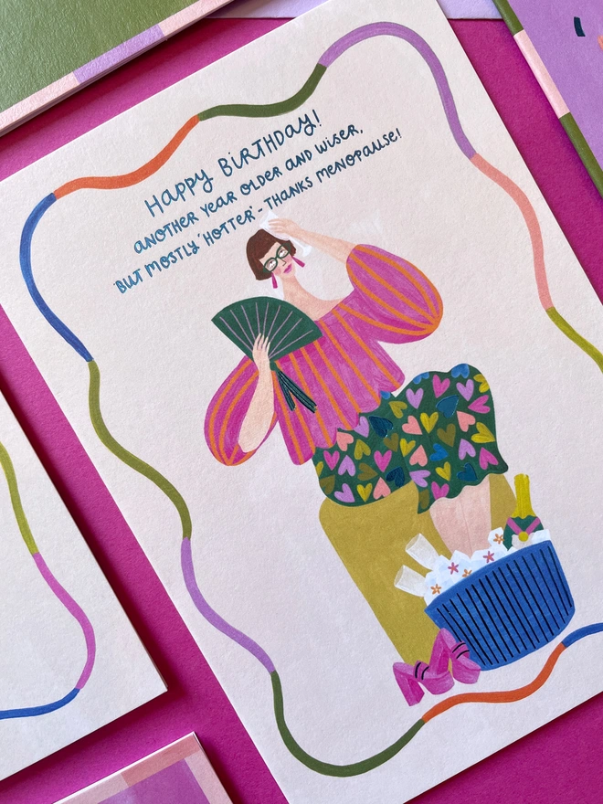 Colourful Humour Menopause Birthday Card Detail | Raspberry Blossom