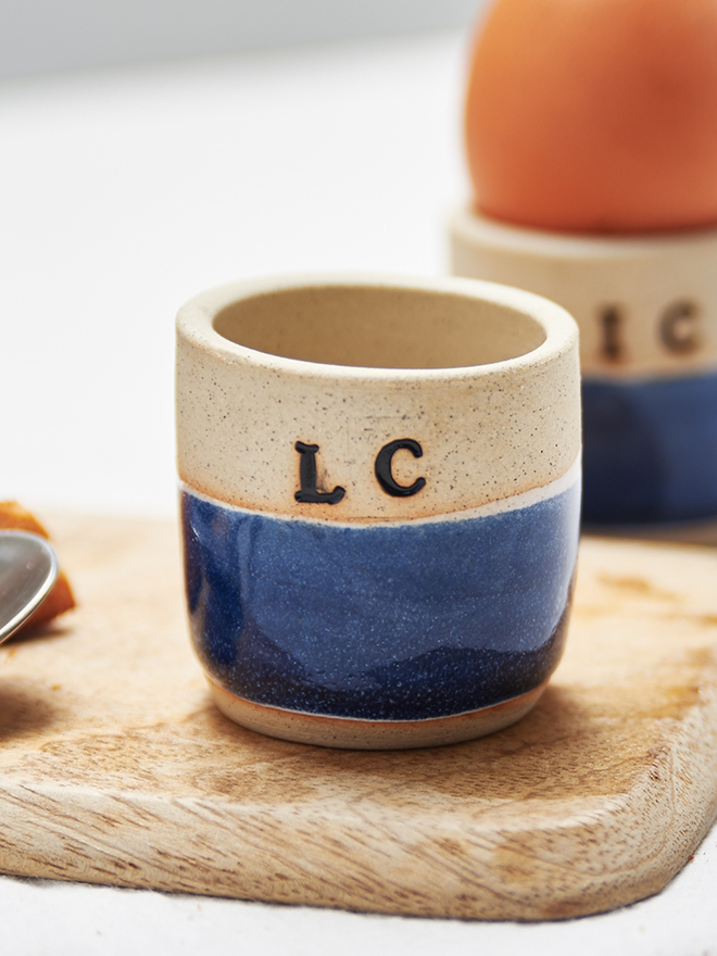 blue personalised ceramic egg cup
