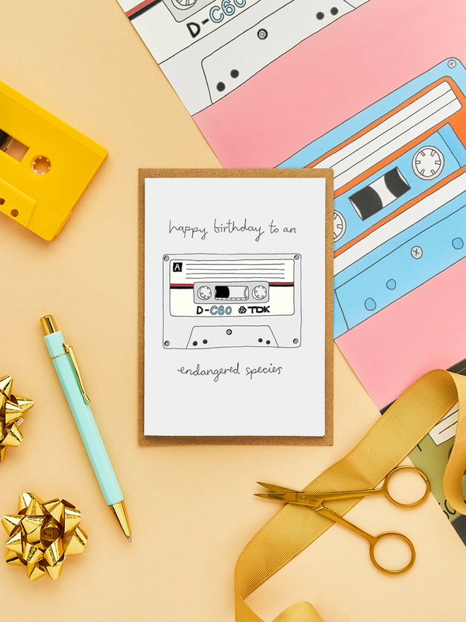 Funny Birthday Card and Matching Retro Cassette Tape Gift Wrap