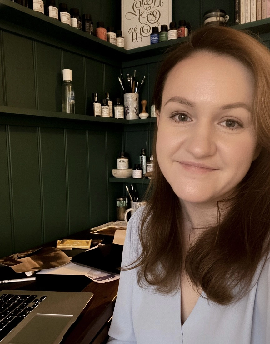 Portrait of a woman wearing a pale blue blouse, smiling in a home calligraphy studio with a desk. 