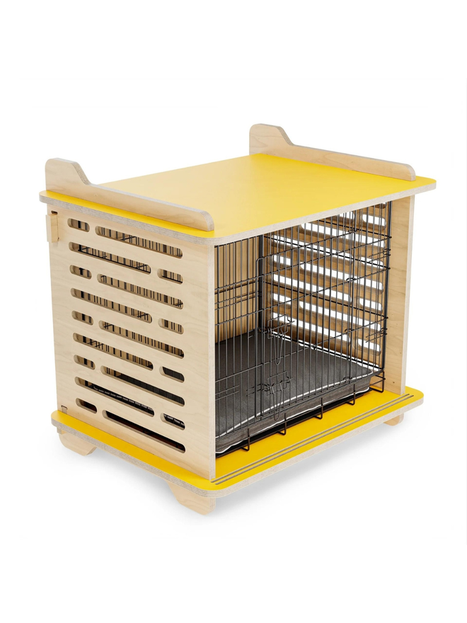 wooden dog crate with yellow top and cushion