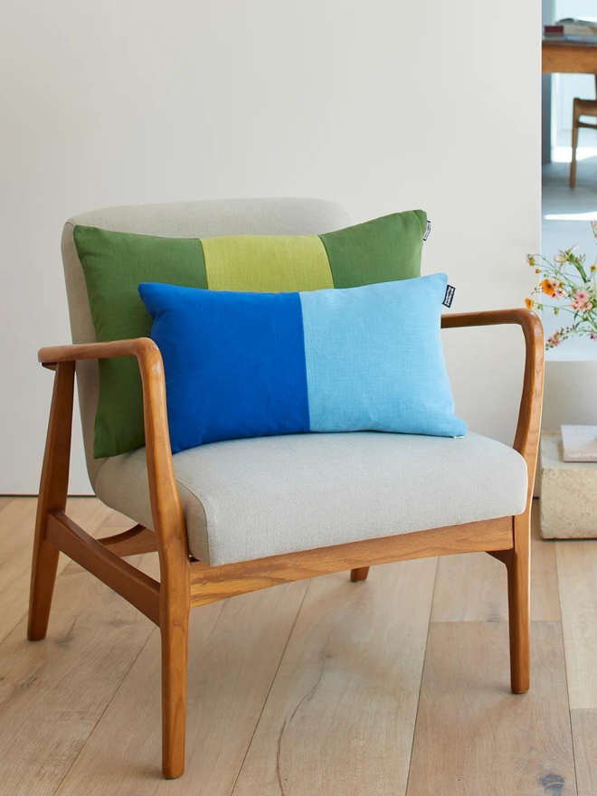 Colour Block Linen Cushion – Olive/Chartreuse