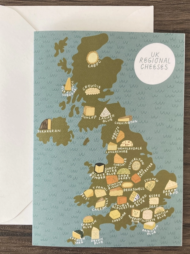 Greetings card with image of UK map, and illustrations of cheeses from the different regions