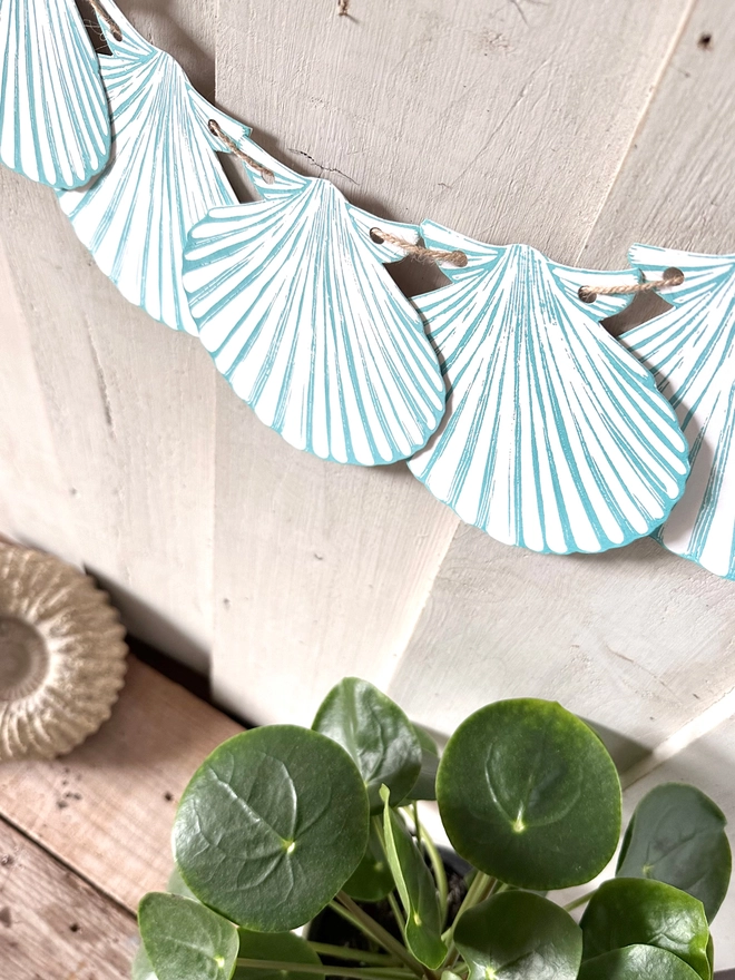 Teal Shells Linocut Garland.Hand Printed Seaside Shapes