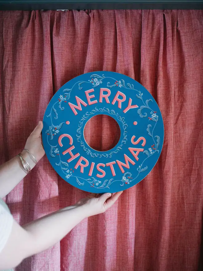 Cerulean blue merry Christmas wooden wreath