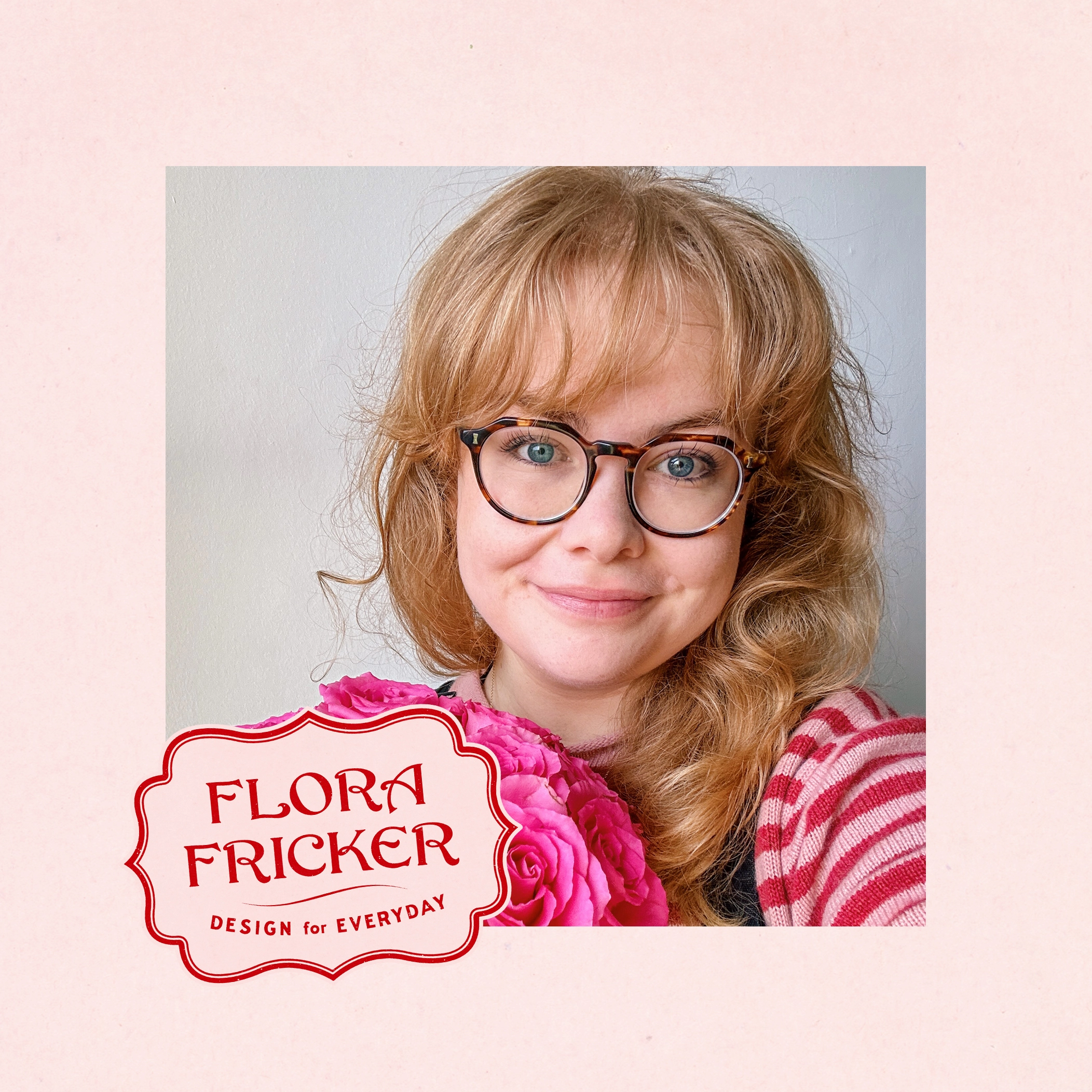 Flora Fricker self portrait, with logo, graphic designer, design for everyday, pink and red